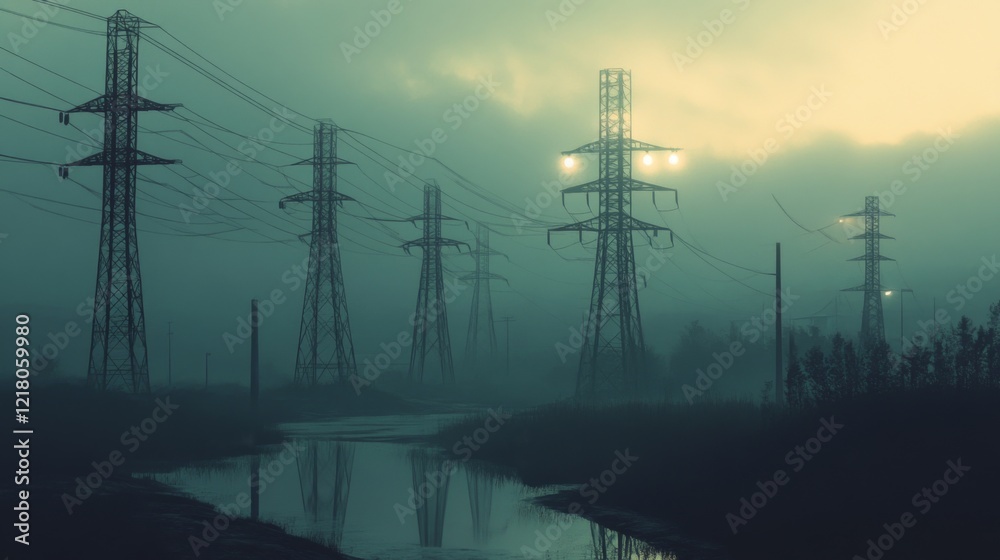 Poster a high-resolution shot of multiple electricity transmission towers lined up in a row, emphasizing th