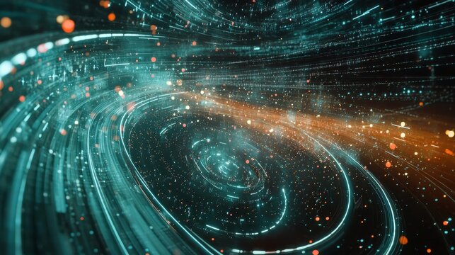 A highly detailed D scatter plot with data points hovering in space, connected by lines, symbolizing the intersection of technology and data analysis.
