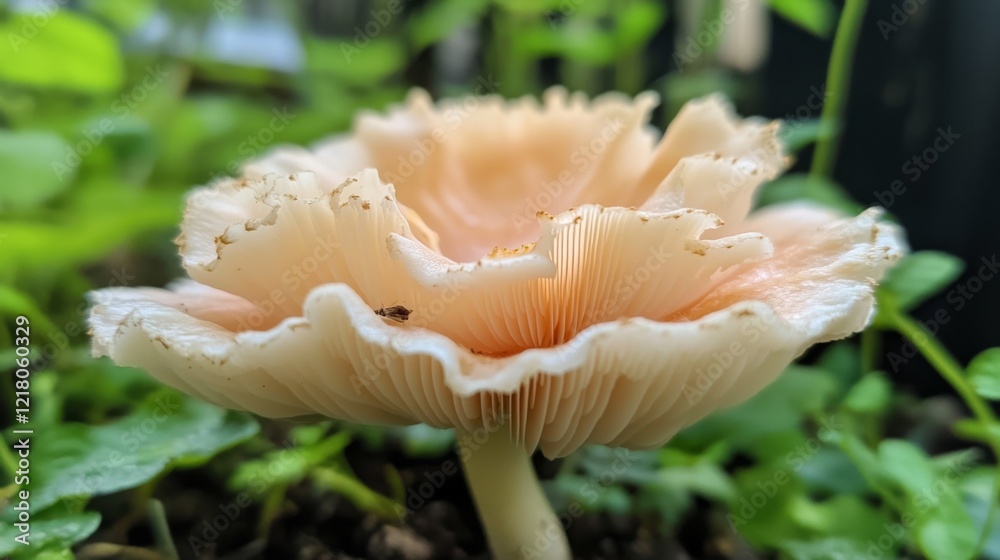 Poster A macro shot of a mushroom growing in a garden, focusing on its delicate cap and stem with a soft focus on the surrounding greenery.