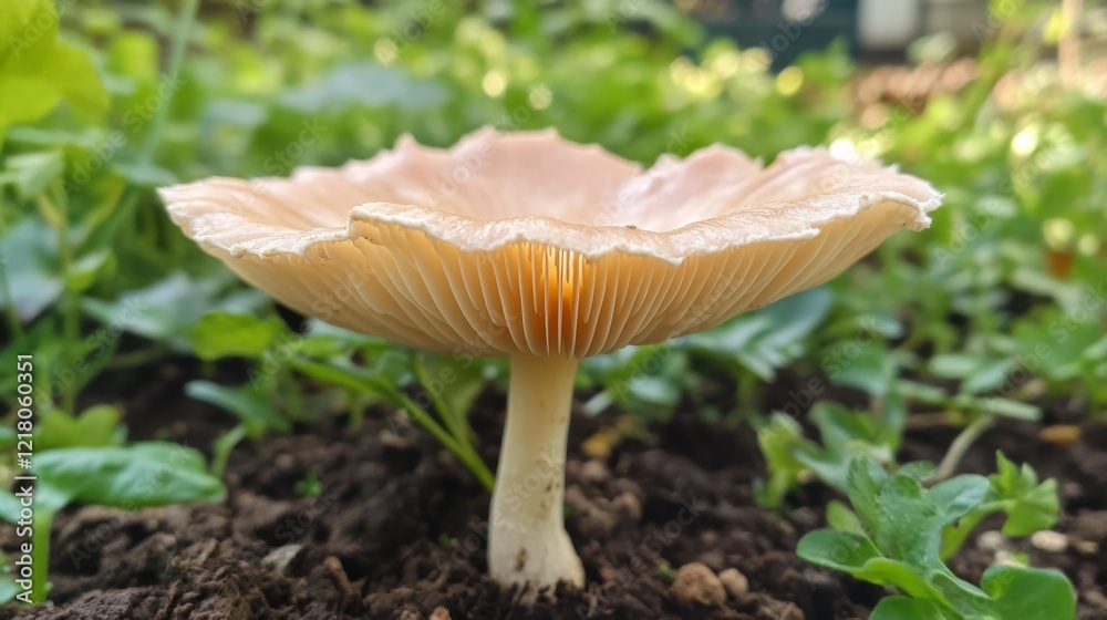 Poster A macro shot of a mushroom growing in a garden, focusing on its delicate cap and stem with a soft focus on the surrounding greenery.