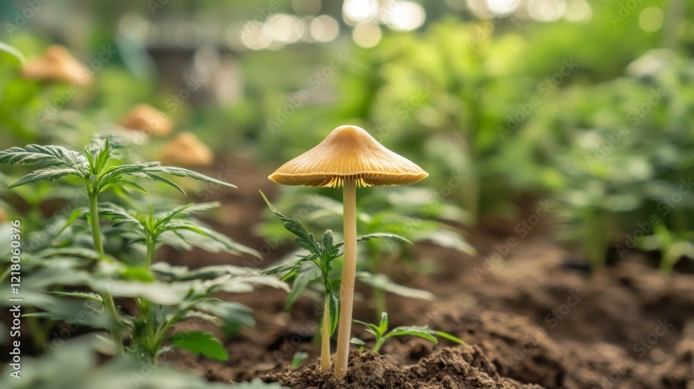 Poster A macro shot of a mushroom growing in a garden, focusing on its delicate cap and stem with a soft focus on the surrounding greenery.
