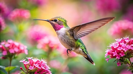 Fototapeta premium Long Exposure Hummingbird Photography: Pink Flower Garden, Blurred Motion, Nature Wildlife