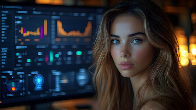 Woman gazes intently at a financial data screen