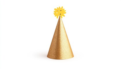 Shiny gold party hat with a yellow flower on top, isolated on a white background, perfect for celebrations