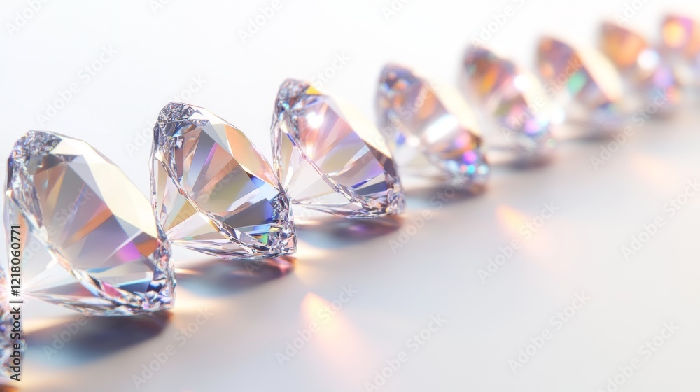 Poster A row of shimmering diamonds lined up neatly on a pure white background, their facets catching and refracting light in every direction.