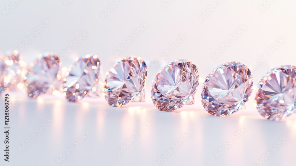 Poster A row of shimmering diamonds lined up neatly on a pure white background, their facets catching and refracting light in every direction.