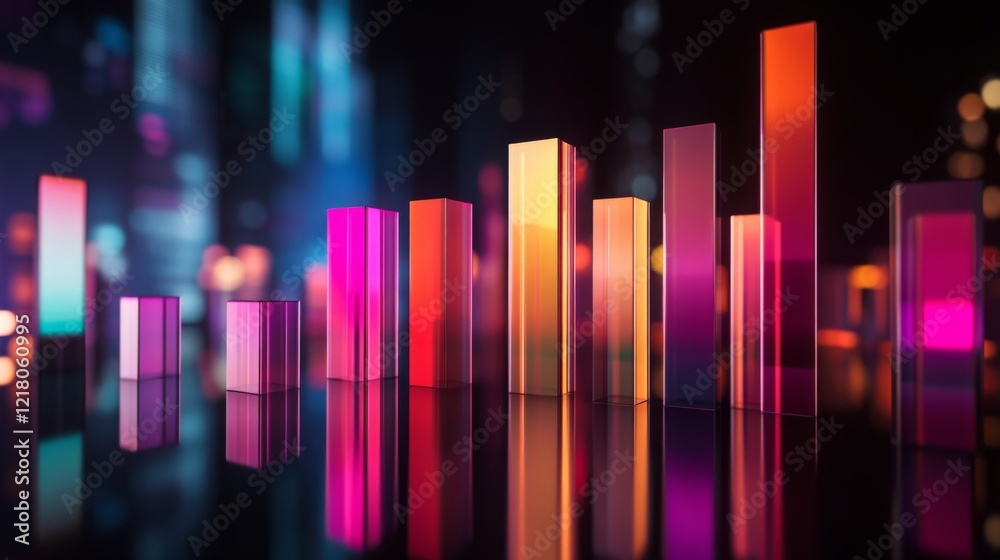 Poster A sleek D bar graph with glossy columns of different heights, set against a dark background, emphasizing data visualization in finance and business.