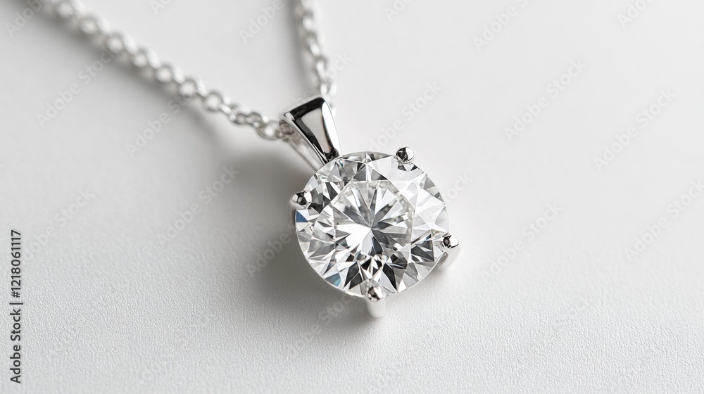 Poster a top-down view of an elegant diamond pendant on a white background, the clear gemstone shimmering a