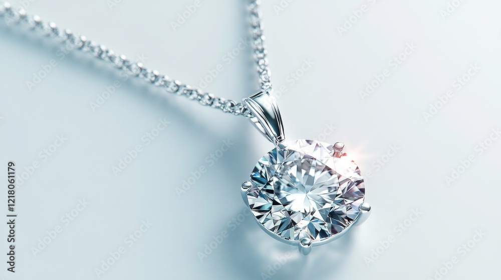 Poster a top-down view of an elegant diamond pendant on a white background, the clear gemstone shimmering a