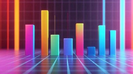 Fototapeta premium A vibrant D bar graph with colorful bars rising from a grid background, representing financial growth and data analytics in a modern, futuristic design.