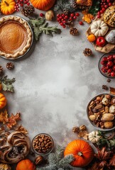 Fototapeta premium Festive Autumn Table Arrangement Featuring Pumpkin Pie, Seasonal Decorations, and Nutty Delights for a Cozy Holiday Celebration