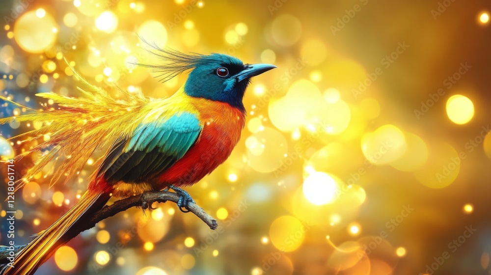 Poster Close-up of an elegant bird with striking feathers, perched on a branch, with a dazzling background of abstract lights creating a vibrant and artistic effect.