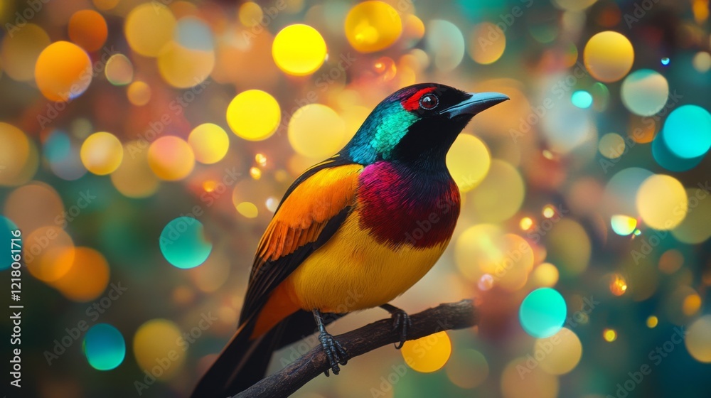 Poster Close-up of an elegant bird with striking feathers, perched on a branch, with a dazzling background of abstract lights creating a vibrant and artistic effect.
