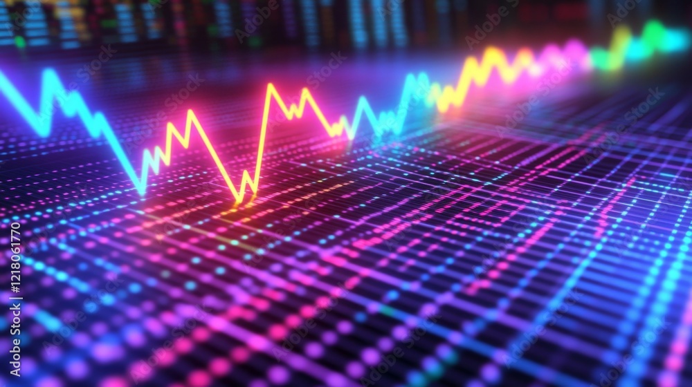 Poster Close-up of a D line graph with rising curves, each axis highlighted in neon colors, representing trends and market data visualization in a high-tech style.