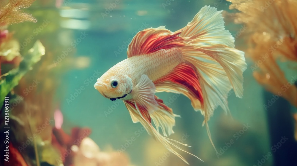 Poster close-up of a betta fish with a mesmerizing array of colors and delicate fins, swimming elegantly th