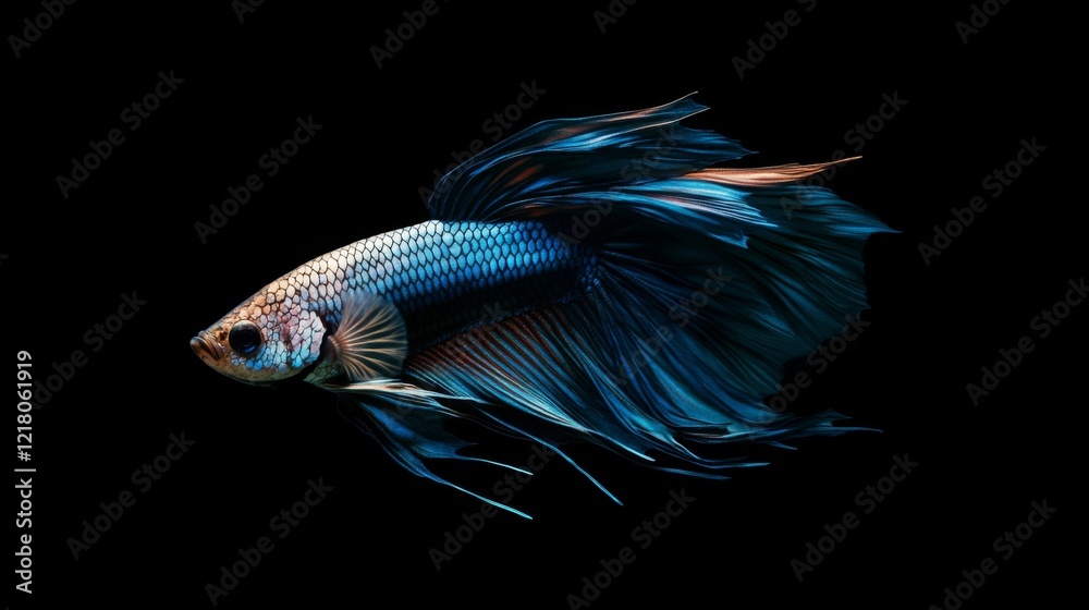 Poster close-up of a betta fish with iridescent scales and long, flowing fins, captured in a peaceful aquar