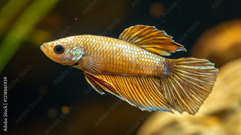 Poster close-up of a betta fish with iridescent scales and long, flowing fins, captured in a peaceful aquar