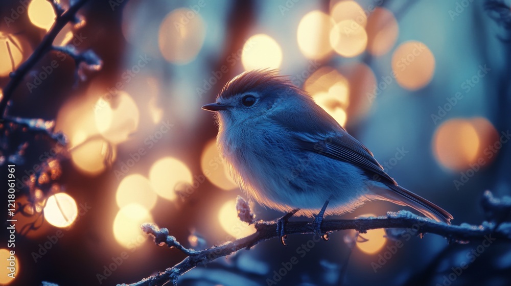 Poster Close-up of a bird with detailed feather patterns, perched on a branch, with a background of softly glowing lights adding depth and a magical feel to the scene.