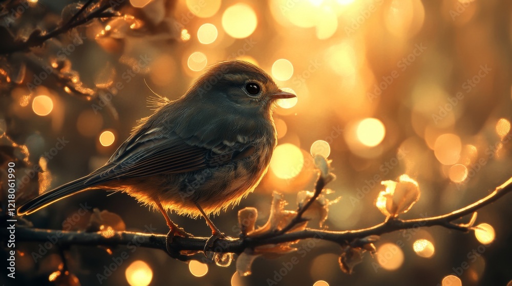 Poster Close-up of a bird with detailed feather patterns, perched on a branch, with a background of softly glowing lights adding depth and a magical feel to the scene.