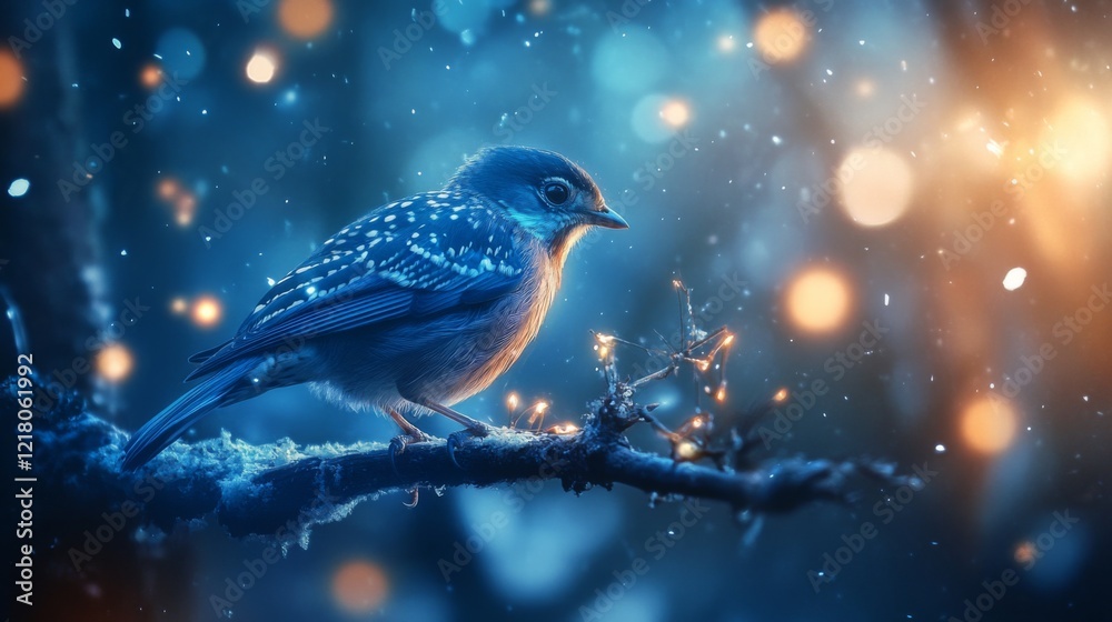 Poster Close-up of a bird with detailed feather patterns, perched on a branch, with a background of softly glowing lights adding depth and a magical feel to the scene.