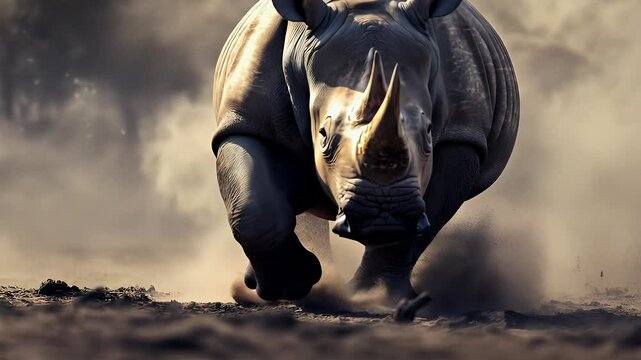 Charging Rhino: A powerful white rhinoceros charges towards the camera, dust billowing around its massive feet., 4k video