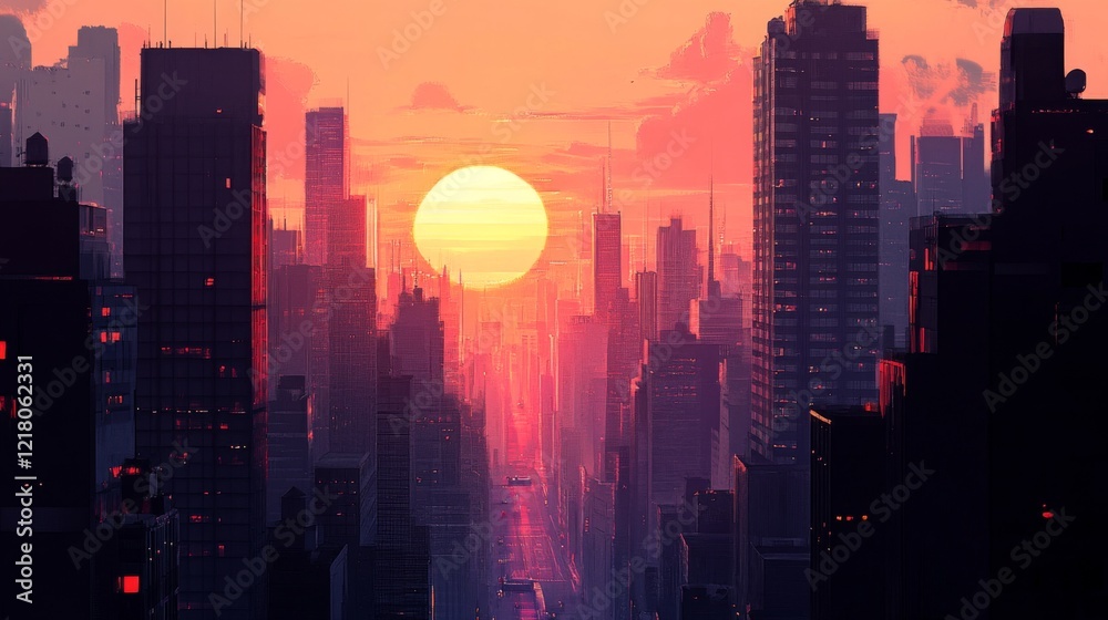 Poster close-up of a city skyline with the sun setting between tall buildings, capturing the interplay of l