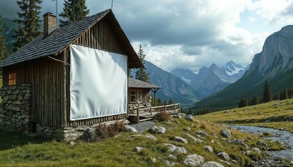 Wooden mountain cabin with a blank white banner surrounded by green meadows, a stream, and snowy peaks.outdoor branding, eco-tourism promotion, or rustic campaigns.Serenity. Strength. A harmonious bl

