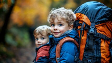 Fototapeta premium Two Cute Brothers on an Autumn Hiking Adventure