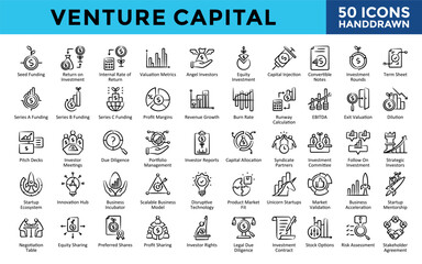 Venture Capital icons set with seed funding, return on investment, internal rate of return, valuation metrics, angel investors, equity investment, capital injection icon. Simple handdrawn vector 