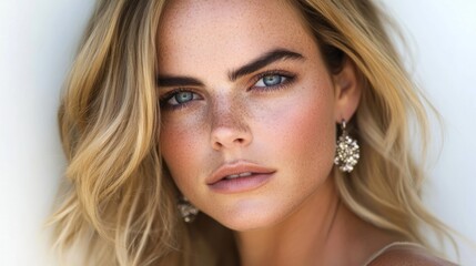 Fototapeta premium Close-up portrait of a beautiful woman with blonde hair and blue eyes.
