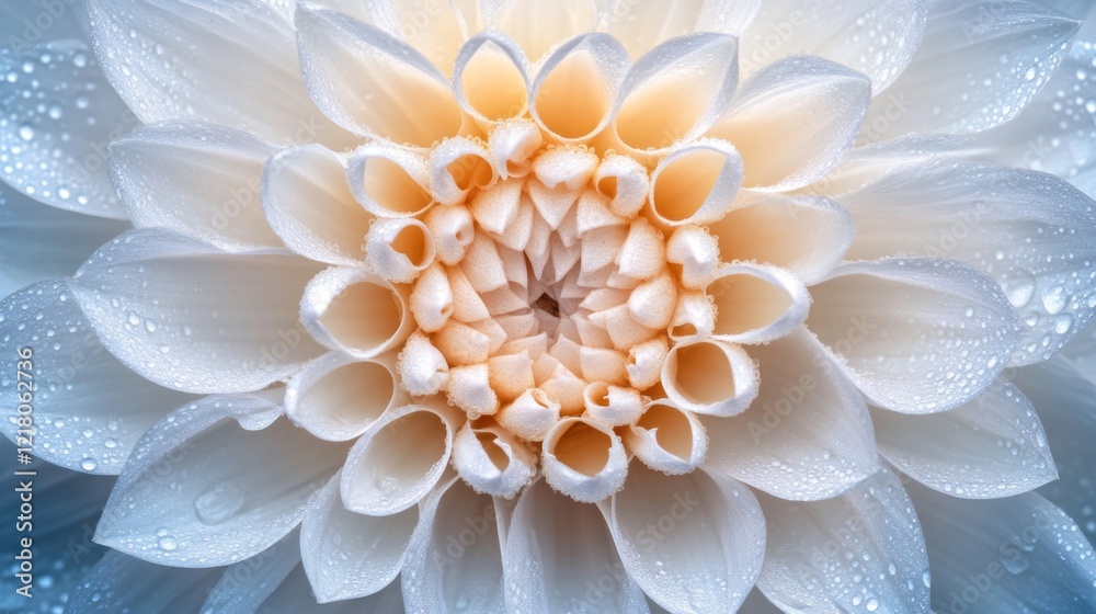 Poster close-up of a delicate flower with tiny water droplets scattered across its petals, capturing the fr