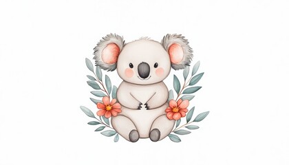 Cute cartoon koala sitting among colorful flowers and leaves, perfect for children's decor