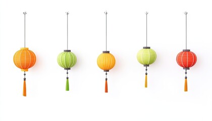 Colorful hanging lanterns in a minimalist setting, showcasing vibrant designs and cultural significance