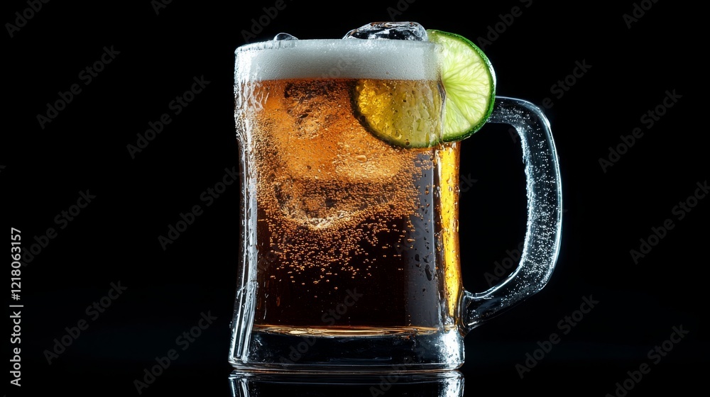 Poster Close-up of a frosty beer mug filled with a crisp lager, with a slice of lime on the rim and a refreshing splash of condensation.