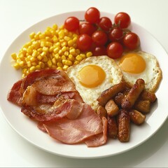 Delicious full English breakfast plate with eggs, bacon, sausages, corn, and tomatoes. Use Restaurant menu, cookbook
