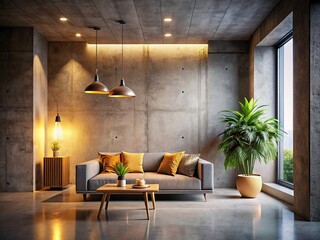 Fototapeta premium Minimalist Concrete Interior Design, Soft Lighting, High Depth of Field Photography, Modern Home Decor, Architectural Photography