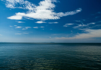 Landscape beautiful summer panorama horizon look view point shore open sea beach cloud clean and blue sky background calm nature ocean wave water nobody travel at thailand chonburi sun day time