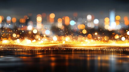 Glowing bokeh lights dance in a harmonious blend with sparkling gold glitter, forming an enchanting atmosphere in the darkness