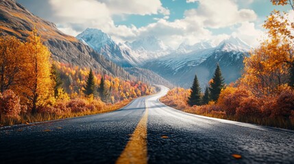 Close-up of a picturesque mountain road with sharp curves and stunning vistas of distant mountain ranges, framed by vibrant autumn foliage.