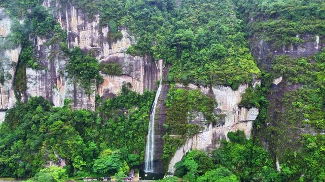 Drone View of a Beautiful Waterfall in Harau Valley, Indonesia