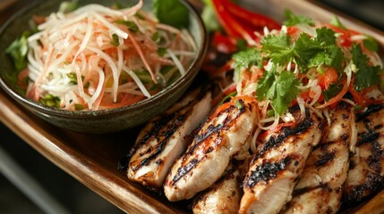 Close-up of a platter with grilled chicken and a bowl of papaya salad, highlighting the juicy chicken and the colorful, spicy salad with fresh herbs.