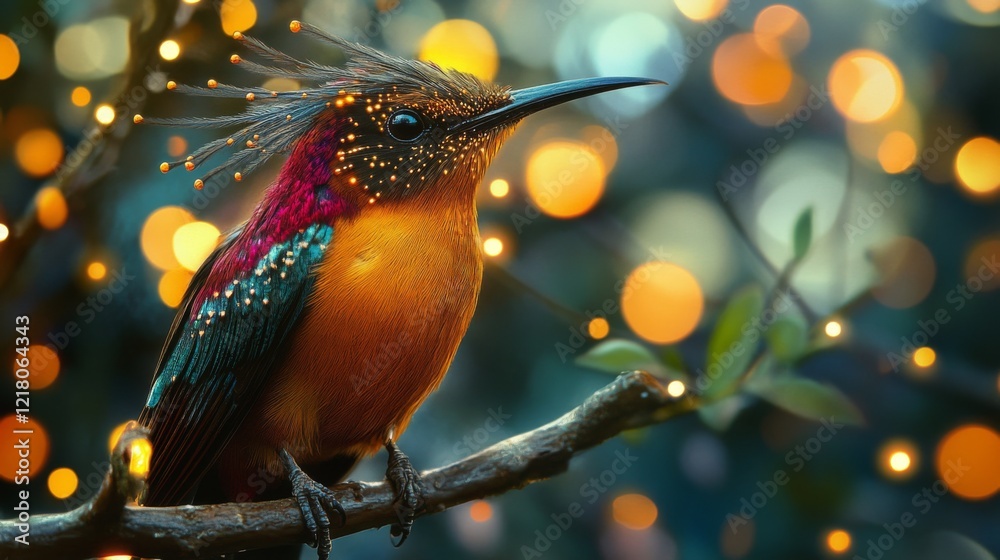 Poster Close-up of a striking bird with elaborate feather details, perched on a branch, with a background of abstract lights creating a captivating and artistic ambiance.