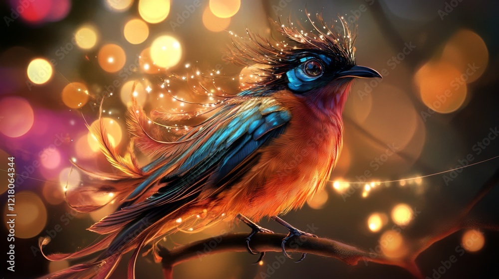 Poster Close-up of a striking bird with elaborate feather details, perched on a branch, with a background of abstract lights creating a captivating and artistic ambiance.