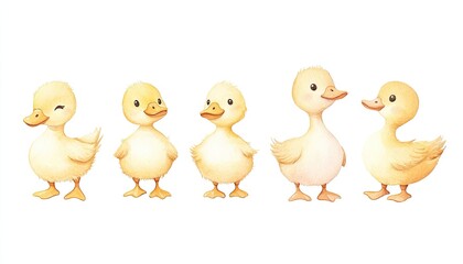 Cute cartoon ducklings in various poses showcasing their playful nature and growth stages