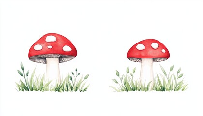 Two vibrant red mushrooms with white spots surrounded by lush green grass on a plain background