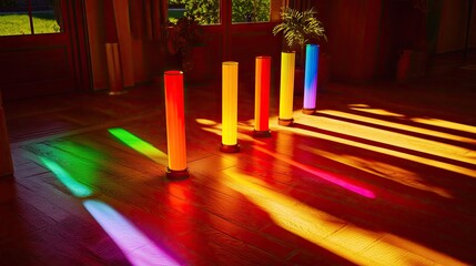 Colorful light columns illuminate wooden floor, sunlight streams through windows. Use Interior design, mood lighting