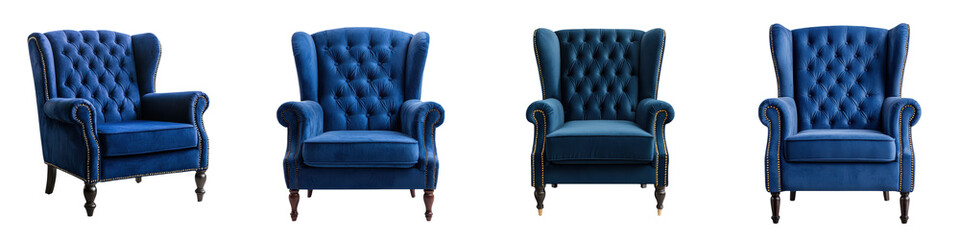 Luxurious tufted blue velvet armchairs with wing back design in a cozy and elegant living room...