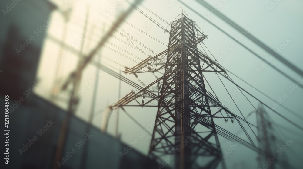 Poster Close-up of a towering electricity pylon with multiple power lines, emphasizing the robust construction and engineering of the electrical transmission system.