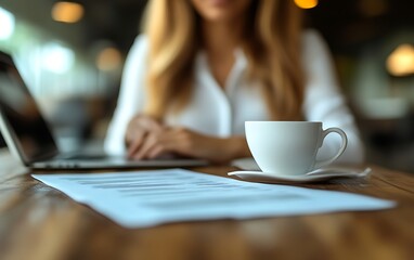 Woman working on laptop with coffee and documents.