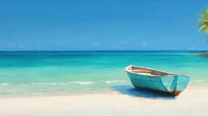 Naklejka premium Calm waters gently lap the sandy beach where a vibrant blue boat is moored, surrounded by lush palm trees under a clear sky